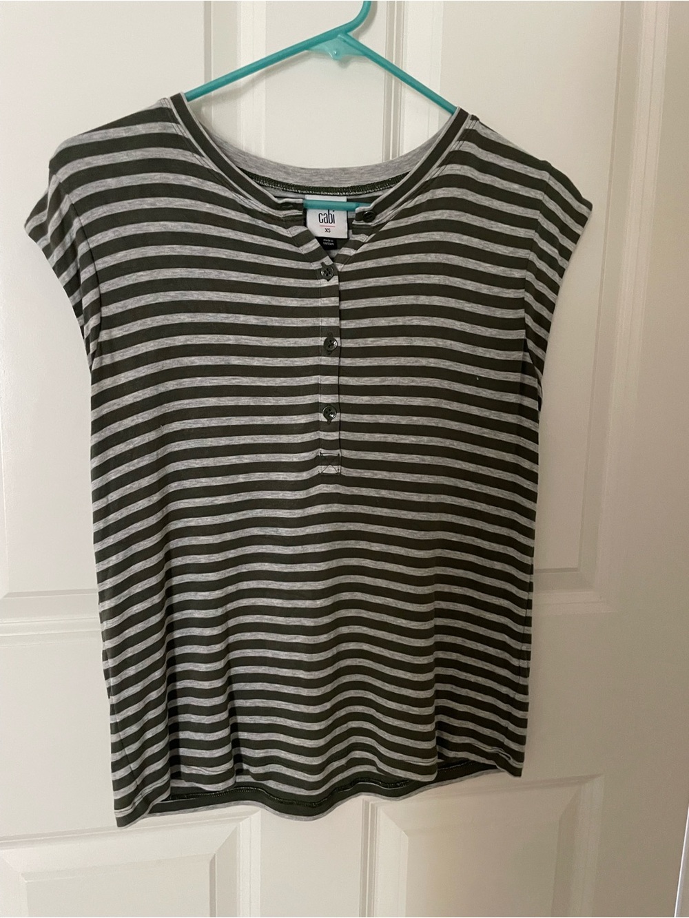 CAbi Olive and Gray Striped Henley Tee